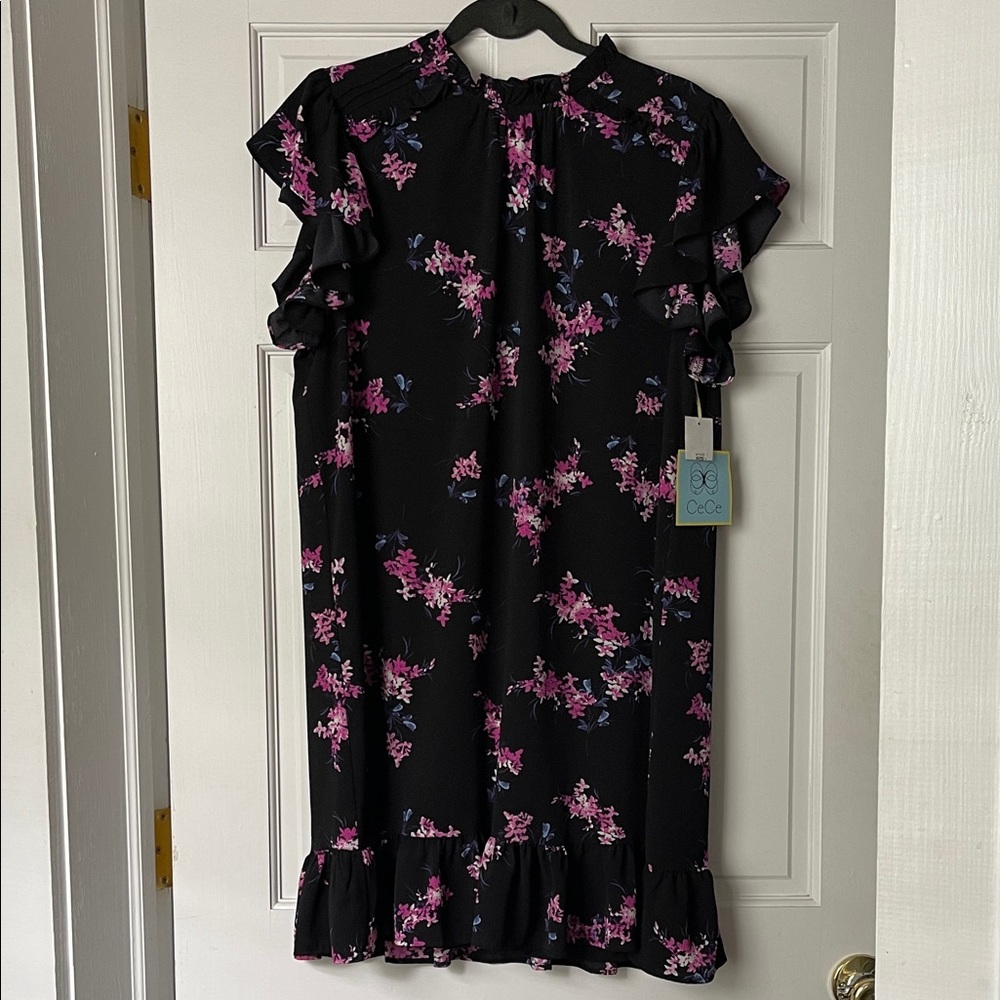 CeCe Black Shift Dress with Pink and Purple Floral Design